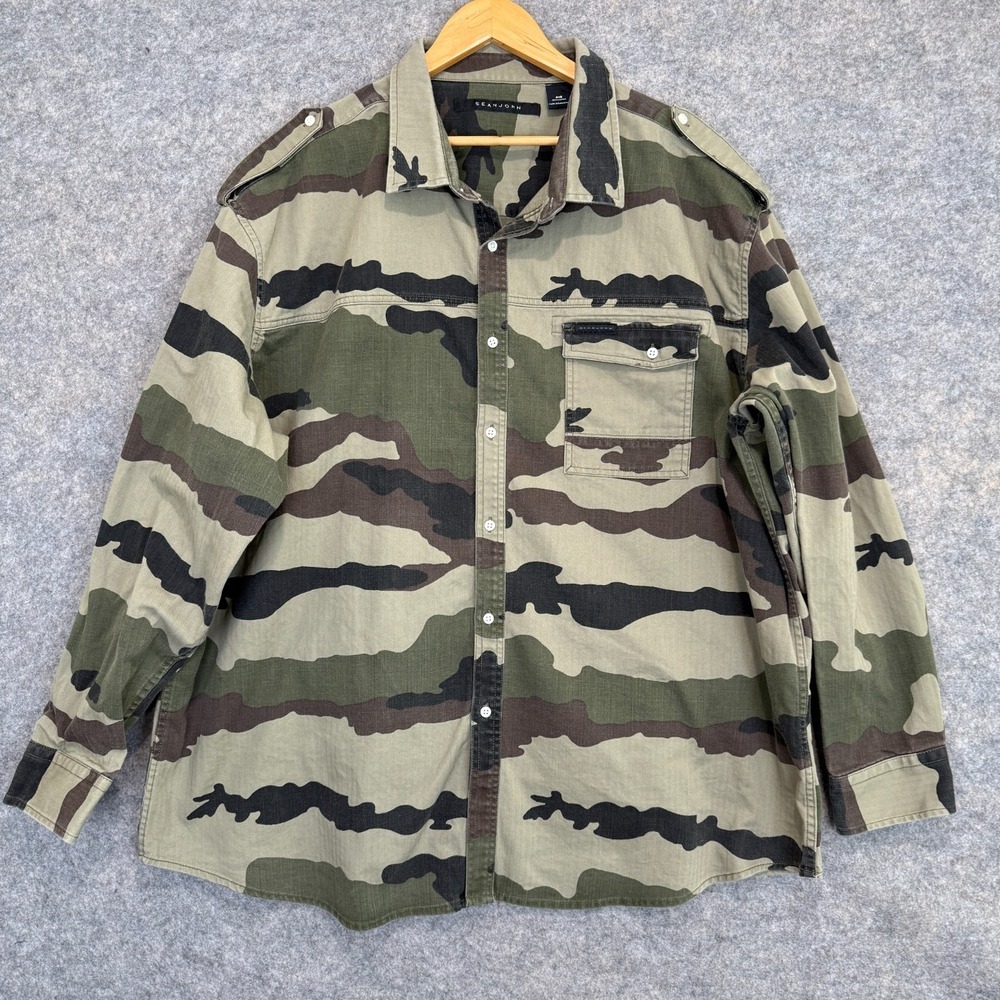 Sean John Camo Button Shirt Jacket Mens 4XB Big Pocket Green Brown Canvas